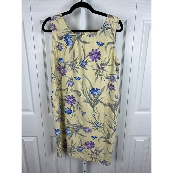 90s Erika Collection Yellow Shift Sleeveless Floral Linen Dress Pockets M/12 - Picture 5 of 6